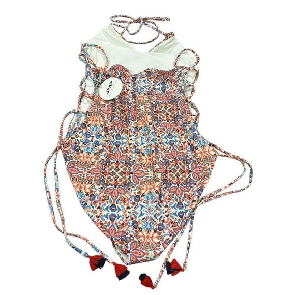JMP the Label Negril Swimsuit Paisley Crinkle Side Ties Blue Orange 3XL NWT - Picture 5 of 9